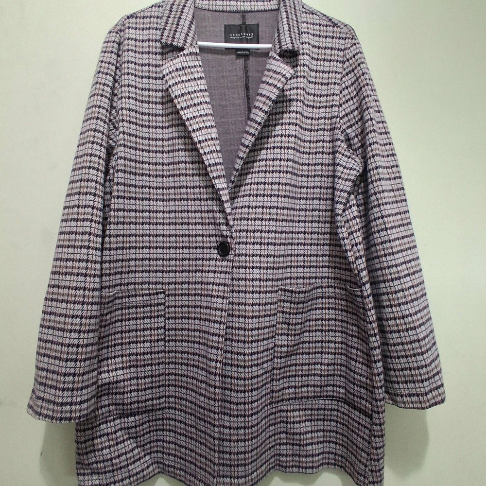 Sanctuary Womens Size L Plaid Longline Blazer Pink Navy Knit Jacket XJ0015P1A